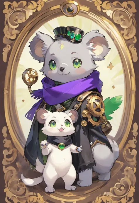 A steampunk koala and a porcelain black cat with purple eyes and a green scarf