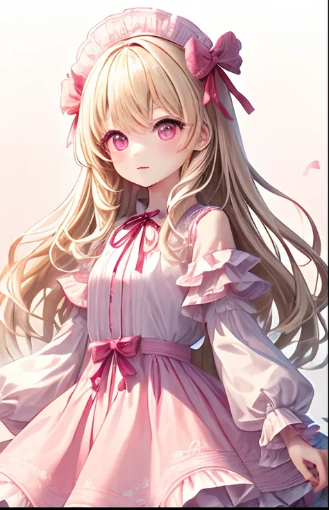 girl with、No background、without background、Background through、White blonde、Pink gradient、Pink mesh、Pink ash、Pink eyes、Pink eyes、Small double knot、Twin-tailed、Two knots、bow ribbon、White and pink dress、onepiece、kawaii、without background