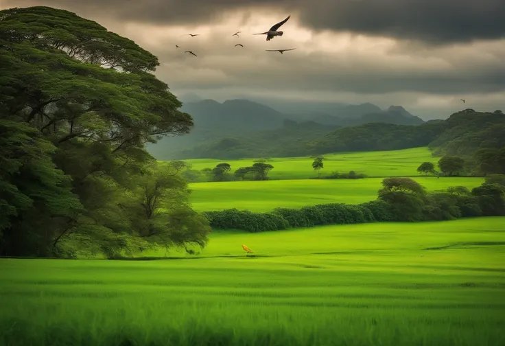 Green field with some trees and birds and the environment kind of cloudy, um rio, um jardim florido, um rio com aguas cristalinas