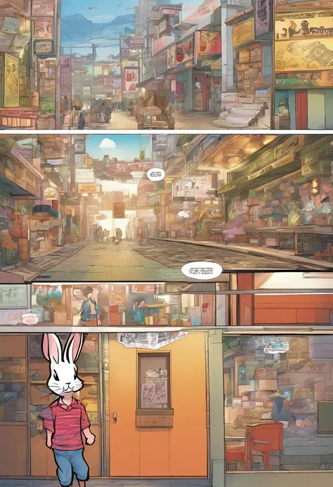 Japanese manga is presented in several irregular panels with colors. A Little Human Rabbit , White-furred bunny girl escapes from a lab and then meets up with an urban-style guy . El estilo es exagerado y detallado