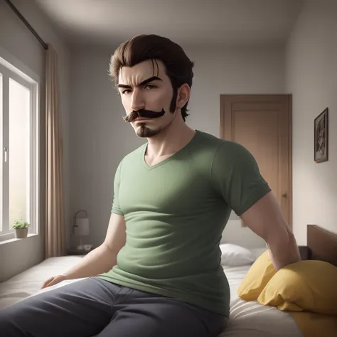 hyper realistic luigi in his room sitting on his bed while its raining outside the window and he looks sad and hes