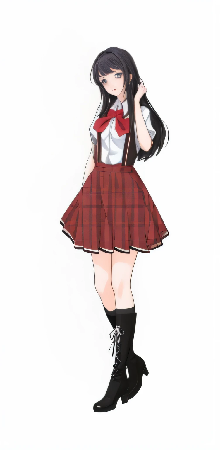 Anime girl in red and white dress and black boots, anime full body illustration, Magical school student uniform, Single character full body,!!Full body portrait!!, Beautiful Anime High School Girls