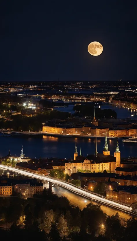 ((City of Stockholm)) sweden, cinematic lightning, ((Moonlight and starry night)), The core is low-key, best qualityer, Hyper-Resolution, ultra-realistic realism, hyper wide view, Sharpness