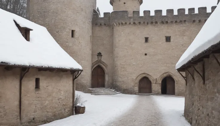 exterior of eastern european castle medieval stables, cobbled pathway leading to entrance, snow, winter, day, (best quality,4k,8k,highres,masterpiece:1.2),ultra-detailed,(realistic,photorealistic,photo-realistic:1.37) cinematic, cinematic scene from film, ...