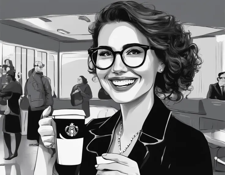 Smiling woman wearing glasses holding a cup of coffee, girl wearing round glasses, girl with glasses, slightly nerdy smile, wearing round glasses, cute little nerdy smile, wearing black frame glasses, with glasses, big round glasses, wearing small round gl...