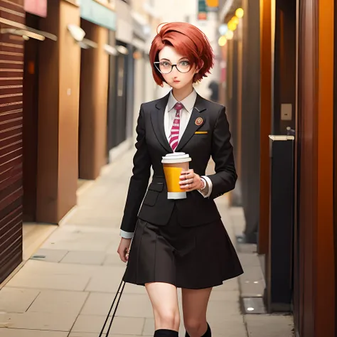 Anime style Danganronpa Female Short red hair yellow eyes circle glasses wearing a dresses suit with long striped socks with dress shoes carrying a coffee and wardrobe hangers