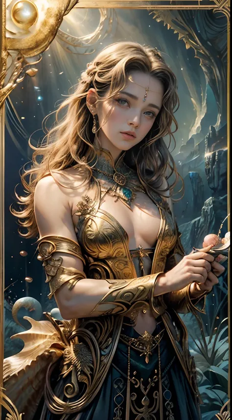 tarot cards,Full tarot border,(The image is surrounded by a tarot card-style border:1.8), 1 man,Zeus,heavenly gods, robust,(Hairstyles: Exposed flesh curls),cabellos largos dorados,sbeard,Roman mythology Unity 8k wallpaper, Ultra-detailed, Beautiful and ae...