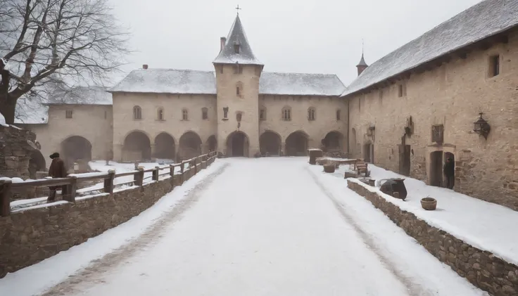 exterior of eastern european castle medieval stables, cobbled pathway leading to entrance, snow, winter, day, (best quality,4k,8k,highres,masterpiece:1.2),ultra-detailed,(realistic,photorealistic,photo-realistic:1.37) cinematic, cinematic scene from film, ...