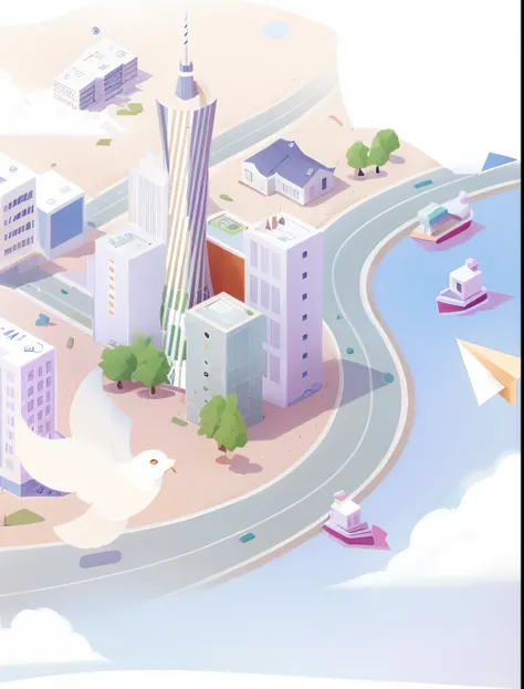 There are cartoon illustrations，A city with paper airplanes, Stylized digital illustration, prerendered isometric graphics, Flat illustration, isometric illustration, isometric invironment, Detailed 2D illustration, urban surroundings, isometric illustrati...