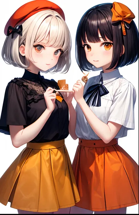 girl with、No background、without background、Background through、Black hair、A dark-haired、short-cut、bob cuts、Subject bangs、Pattsun bangs、Aligned bangs、Sareme、drooping eyebrows、Takuambi、Marovi、Round eyebrows、Orange-eyed、Orange Eyes、Orange-eyed beret、bow ribbon...