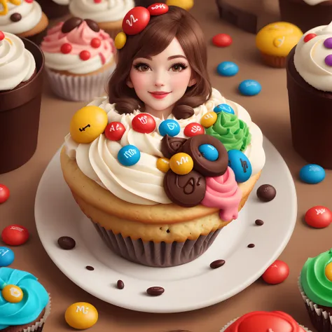 M&M character holding a cupcake