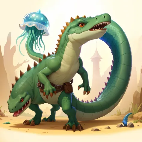 Cartoon illustration of a dinosaur with a sword and jellyfish, estilo de arte de jogo de fantasia, Game Illustration, friendly guy and small creature, arte do jogo de RPG, mobile game art, magical fantasy 2 d concept art, color dnd illustration, dnd card a...