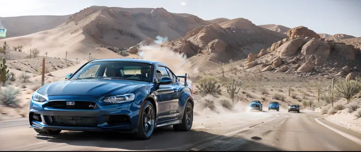 a blue sports car driving on a desert road, kick up dust, automotive photography, smoking tires, desert landscape, automotive ph...