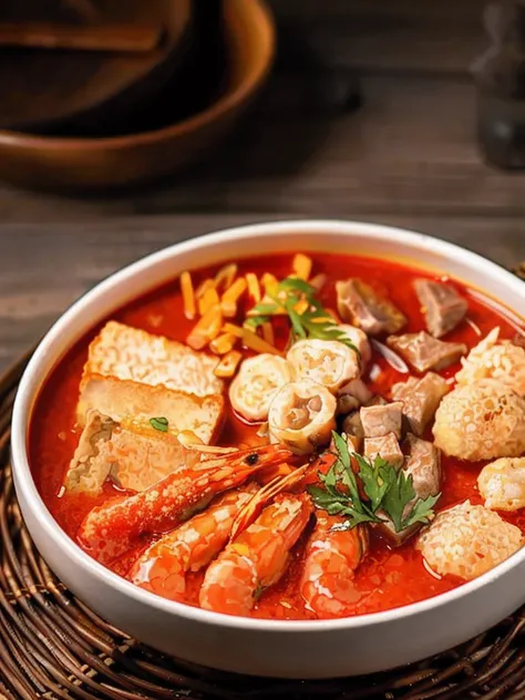 A bowl of fried chicken with shrimp, tofu cubes, coriander, fish balls, tofu bubbles, beef cubes