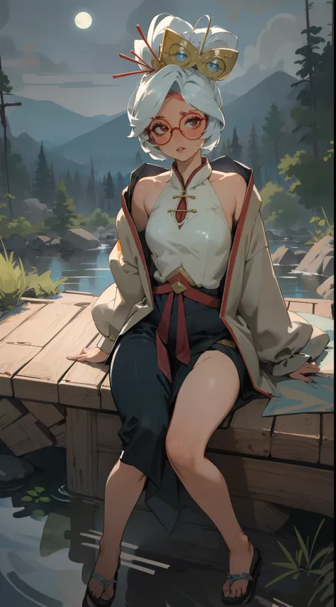 masterpiece, realistic, best quality, purah, red glasses, hair ornament, white jacket, sleeveless shirt, full body, smug, sky, forest, night sky, taking jacket off, rock Hot springs, stripping clothes off, sitting on rocks