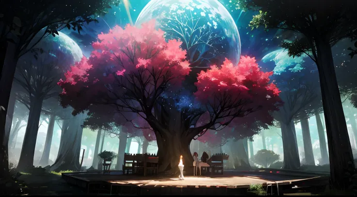 A treehouse in the (Escenario), bosque denso, (arbol gigante), hojas de colores, buena ilumincion, arbol magico, escenario de fantasia