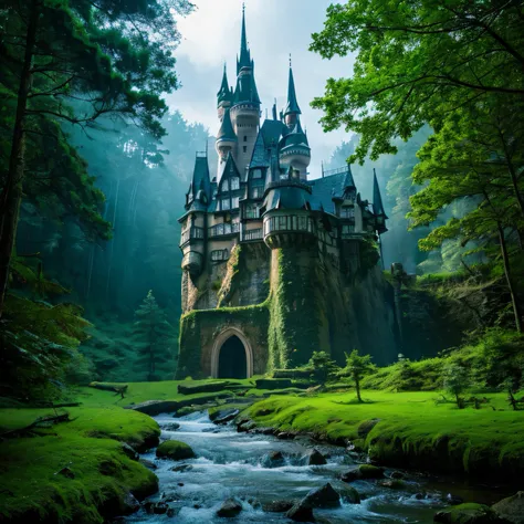 scary castle in the middle of the forest, waterfall