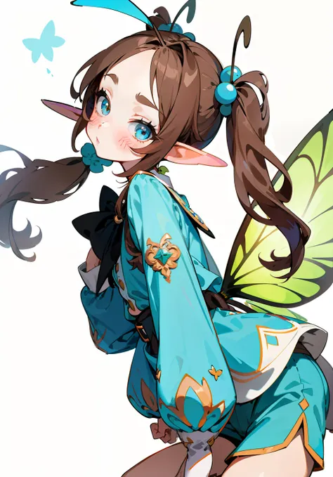 1GIRL, cute girl, finely detailed, (best quality), (intricate details), cute style, loli, fairy style, multicolored, ((long brown hair in pigtails)), best quality, ((elf ears)), ((has antennae)), ((big fairy wings)), ((long sleeve shirt and shorts)), ((whi...