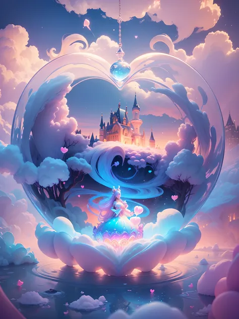 inside a heart shaped bubble a beautiful and elegant Cotton Candy Queen Women Goddess 8k Resolution Rendered Hyper Realistic Intricate Detail lives in an frosty heart shaped ice bubble, a fanciful place filled with castles, cotton candy, swans lakes and fl...