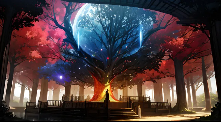 A treehouse in the (escenario), bosque denso, (arbol gigante), hojas de colores, buena ilumincion, arbol magico, escenario de fantasia, yggdrasil