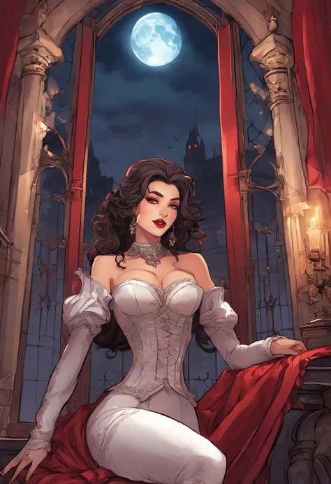 (masterpiece, top quality, best quality, official art, beautiful and aesthetic:1.2), (1girl:1.3), long and curly dark brown hair, ((extravagant updo)), Victorian style, extremely detailed, portrait, looking at viewer, solo, (full body:0.6), detailed backgr...