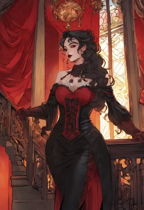 (masterpiece, top quality, best quality, official art, beautiful and aesthetic:1.2), (1girl:1.3), long and curly dark brown hair, ((extravagant updo)), Victorian style, extremely detailed, portrait, looking at viewer, solo, (full body:0.6), detailed backgr...