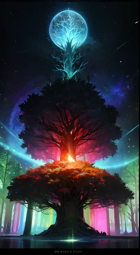 (arbol gigante), hojas de colores, buena ilumincion, arbol magico, escenario de fantasia, yggdrasil