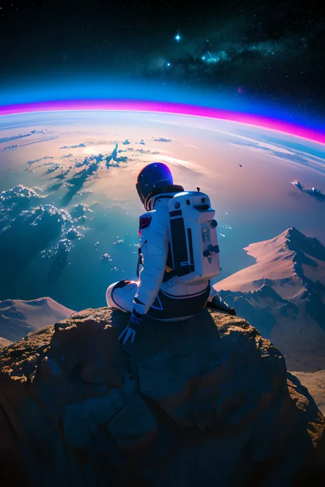 "(best quality,realistic:1.2),vibrant colors,space,cosmic,extraterrestrial,eye-catching,breathtaking views,immersive,futuristic,otherworldly,highly detailed,hyper-realistic,interstellar travel,dazzling light effects,astronaut in a spacesuit,intergalactic e...