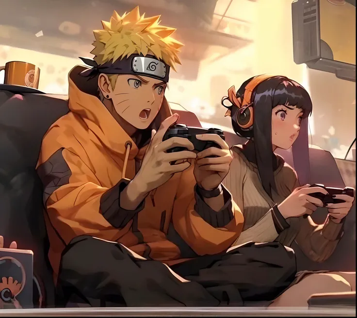 anime characters sitting on a couch playing video games on their phones, anime style 4 k, naruto in gta v, trending anime art, hinata hyuga, anime wallaper, badass anime 8 k, naruto artstyle, anime style. 8k, anime vibes, 8k anime, high quality fanart, hig...