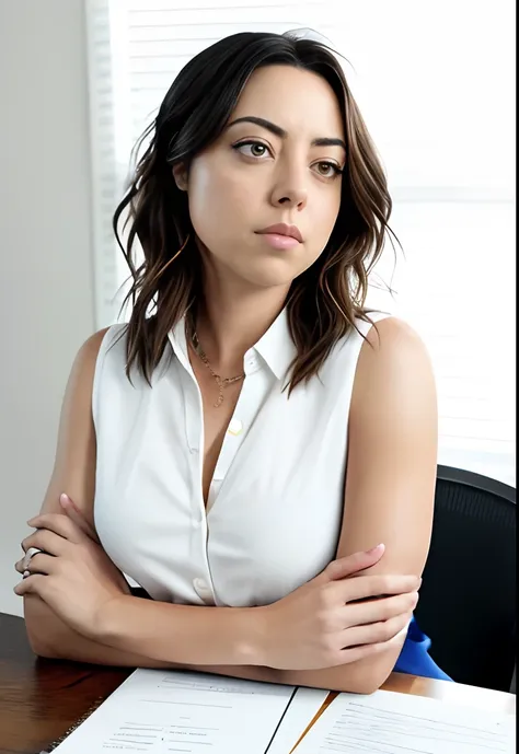 masterpiece, lifelike upper body image of aubreyplaza, wearing a white blouse, photo realistic, highly detailed, arms folded, de...