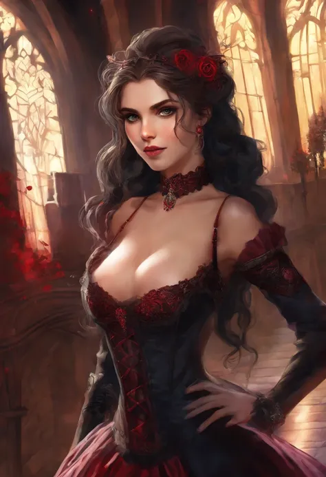 (masterpiece, top quality, best quality, official art, beautiful and aesthetic:1.2), (1girl:1.3), long and curly dark brown hair, ((extravagant updo)), Victorian style, extremely detailed, portrait, looking at viewer, solo, (full body:0.6), detailed backgr...