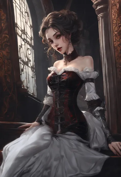 (masterpiece, top quality, best quality, official art, beautiful and aesthetic:1.2), (1girl:1.3), long and curly dark brown hair, ((extravagant updo)), Victorian style, extremely detailed, portrait, looking at viewer, solo, (full body:0.6), detailed backgr...