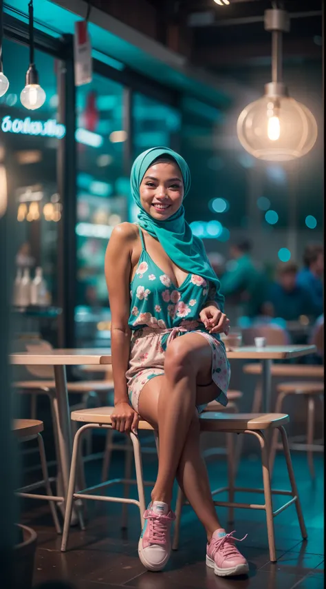 Malay girl with hijab seating in hipster cafe, happy, smiling, nighttime, wearing turquoise Floral Ruched Bust Slip Romper, pink sneakers, soft professional lighting, blur background, cool ambient, bokeh, small breast, small waist, small head, short petite...