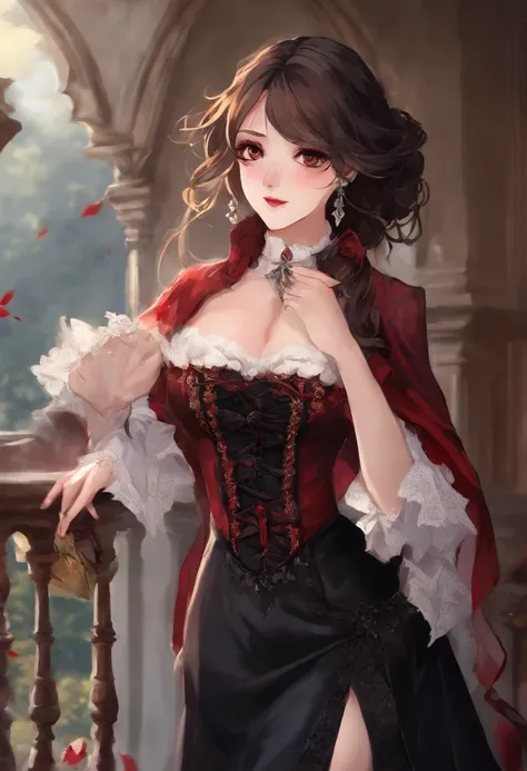 (masterpiece, top quality, best quality, official art, beautiful and aesthetic:1.2), (1girl:1.3), long and curly dark brown hair, ((extravagant updo)), Victorian style, extremely detailed, portrait, looking at viewer, solo, (full body:0.6), detailed backgr...