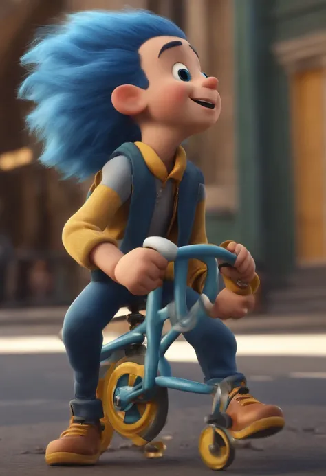 A happy cute boy standing blue hair shivers ,, vestindo preto , Yellow eyes with watch in hand , correndo fundo branco  , barnet, , Estilo Pixar, ....3d, desenhos animados, rosto detalhado 8k, andando de bicicleta