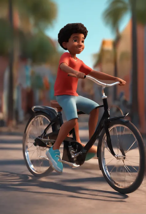 A happy cute boy standing on black hair goosebumps, cor da pele moreno, camisa vermelha, bermuda preta, andando de bicicleta , Estilo Pixar, ........3d, desenhos animados, rosto detalhado 8k, andar de bicicleta