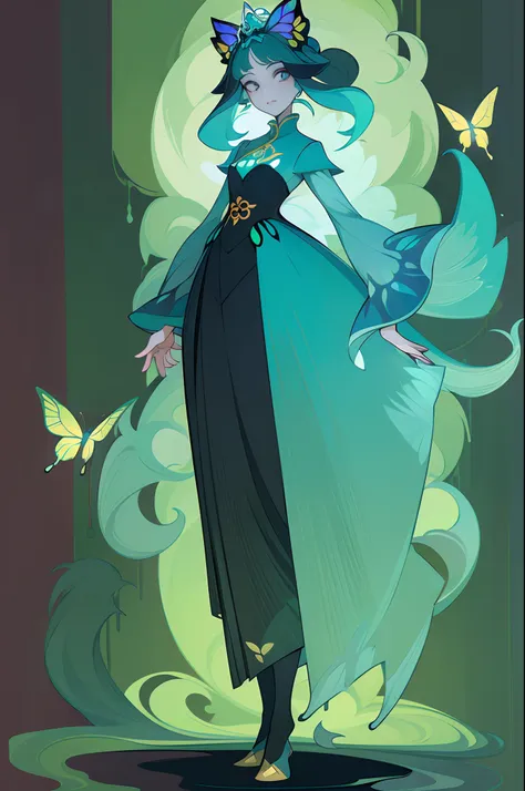 (1 Anthropomorphism of butterflies), (standing full-body), (Full body standing painting), 1 Princess，(standing full-body)，独奏, long  skirt，character  design, fanciful, tmasterpiece，top Quority，best qualtiy，超高分辨率，Exquisite facial features