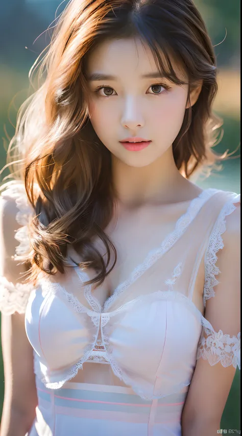 (daydream), 1girl, 1picture, solo picture, Kim Yoo-jung, (pretty young face (Russian)), focus brave chest, (insult strip colour hair), (lace dress), (8k HD extremely realistic detailed face:1.5 (soft scene, very low lightning), detailed beautiful reflectio...