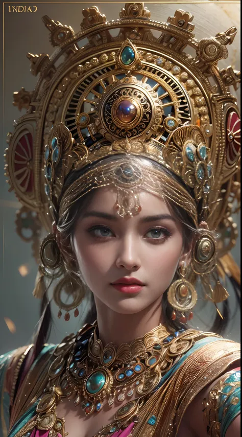 Indian Odysi dancer,Metal color scheme,Highly detailed face and body,Sparkling eyes and vibrant makeup,ornate jewelry,Smooth and elegant movements,traditional Indian clothing,Gears and clockwork mechanisms are widely used,Ethereal background with hints of ...