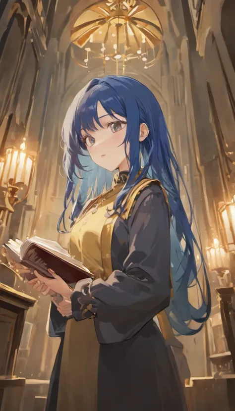 (Solo, 1girl), (masterpiece, highest quality, Super Detail:1.6), 8K, Best Quality, reading an old book, holding a book close to face, (navy blue hair), Anime, wavy bob hair, wearing black long sleeve blouse, long skirts, high neck blouse, (front view, fron...