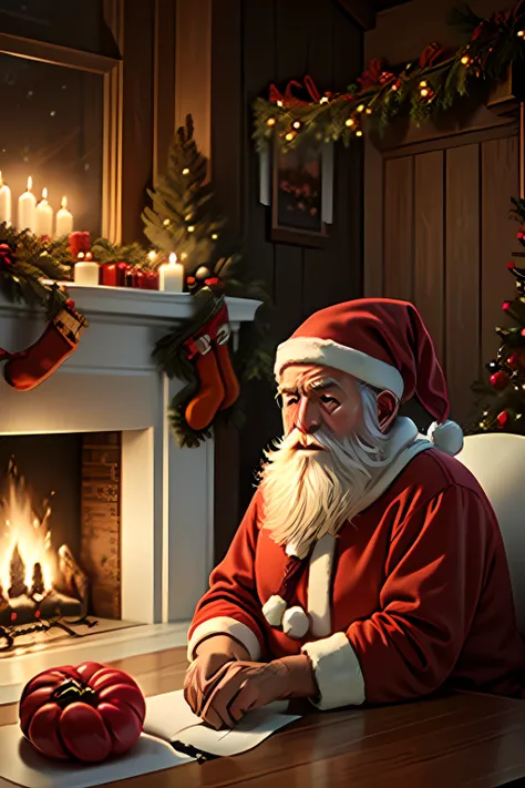 Em uma casa de estilo europeu，Santa Claus is sitting in front of the fireplace, olhando para a lista de presentes，Christmas Tree Gift Decoration, Santa, cada，tordo，Elementos natalinos，Estilo Europeu，The apartment is full of Christmas presents，Very high res...