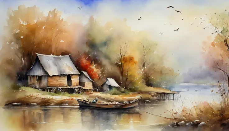 2 old huts on the riverbank, an old man fishing on a boat, ducks and pigeons flying in the sky, a masterpiece