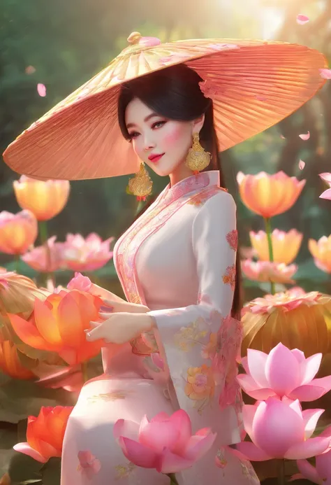 image of girl wearing ao dai holding a bunch of lotus flowers, cute and beautiful, high resolution photo, sharpness, face with coins, long hair, wearing a conical hat, welcoming guests, provocative and sexy pose , whole body