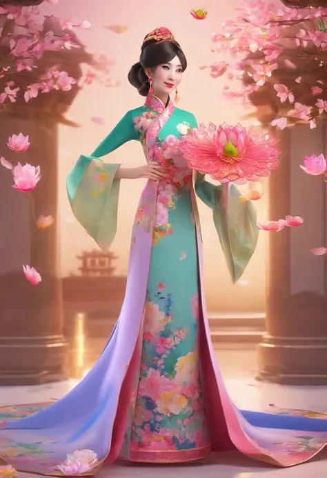 image of girl wearing ao dai holding a bunch of lotus flowers, cute and beautiful, high resolution photo, sharpness, face with coins, long hair, wearing a conical hat, welcoming guests, provocative and sexy pose , whole body