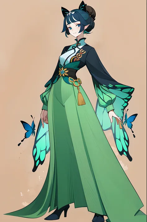 (1 Anthropomorphism of butterflies), (standing full-body), (Full body standing painting), 1 Princess，(standing full-body)，独奏, long  skirt，character  design, fanciful, tmasterpiece，top Quority，best qualtiy，超高分辨率，Exquisite facial features