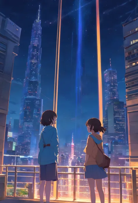 Uma menina sentada na varanda , sentir e ver a vista de fora  , Focusing on the city at night  ,No estilo da arte do jogo 2D ,Chinstill 50, com fones de ouvido no ouvido , linsting the song  , night time, ColouFull Animation Skills, com um cachorro sentado...