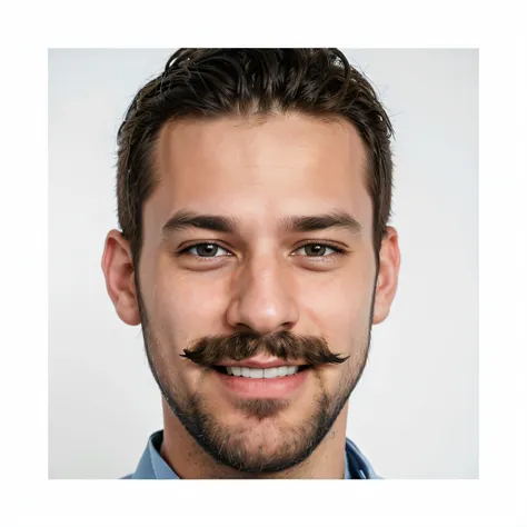 smiling man with beard and mustache wearing a blue shirt, profile portrait, with a small beard, short stubble, slight stubble, headshot portrait, short beard, closeup headshot portrait, high quality portrait, small beard, professional headshot, smiling mal...