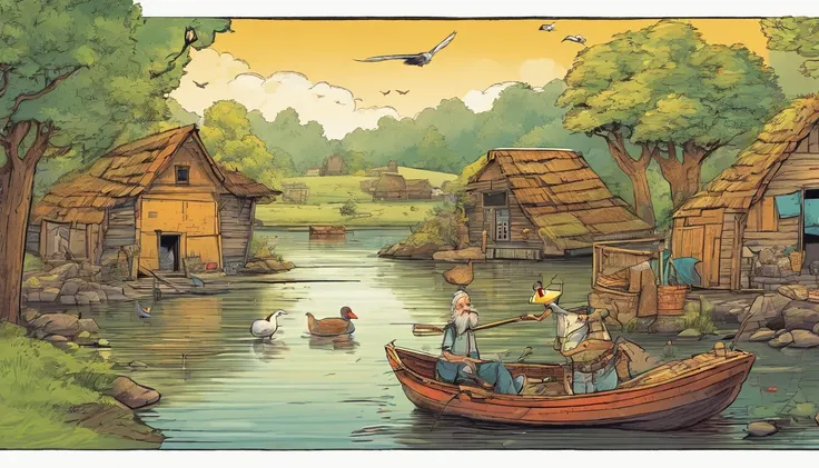 2 old huts on the riverbank, an old man fishing on a boat, ducks and pigeons flying in the sky, a masterpiece