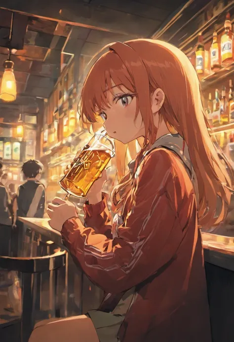 Bar A girl drinks a beer