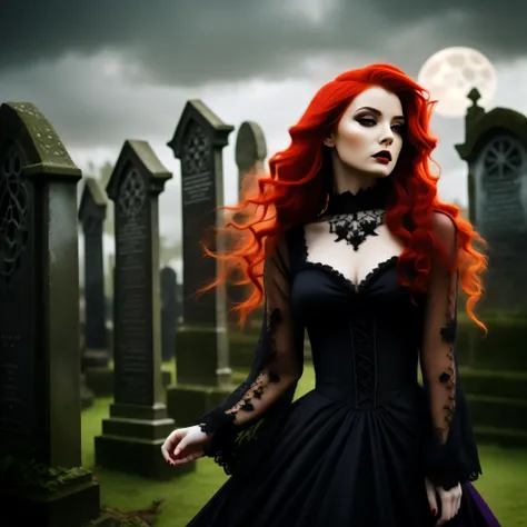 A photo of a gothic girl with bright red hair that flows in wild waves, framing her pale face. She wears a dark purple lace dress with long, billowing sleeves and intricate patterns. Standing in the midst of an ancient graveyard, she exudes an air of myste...